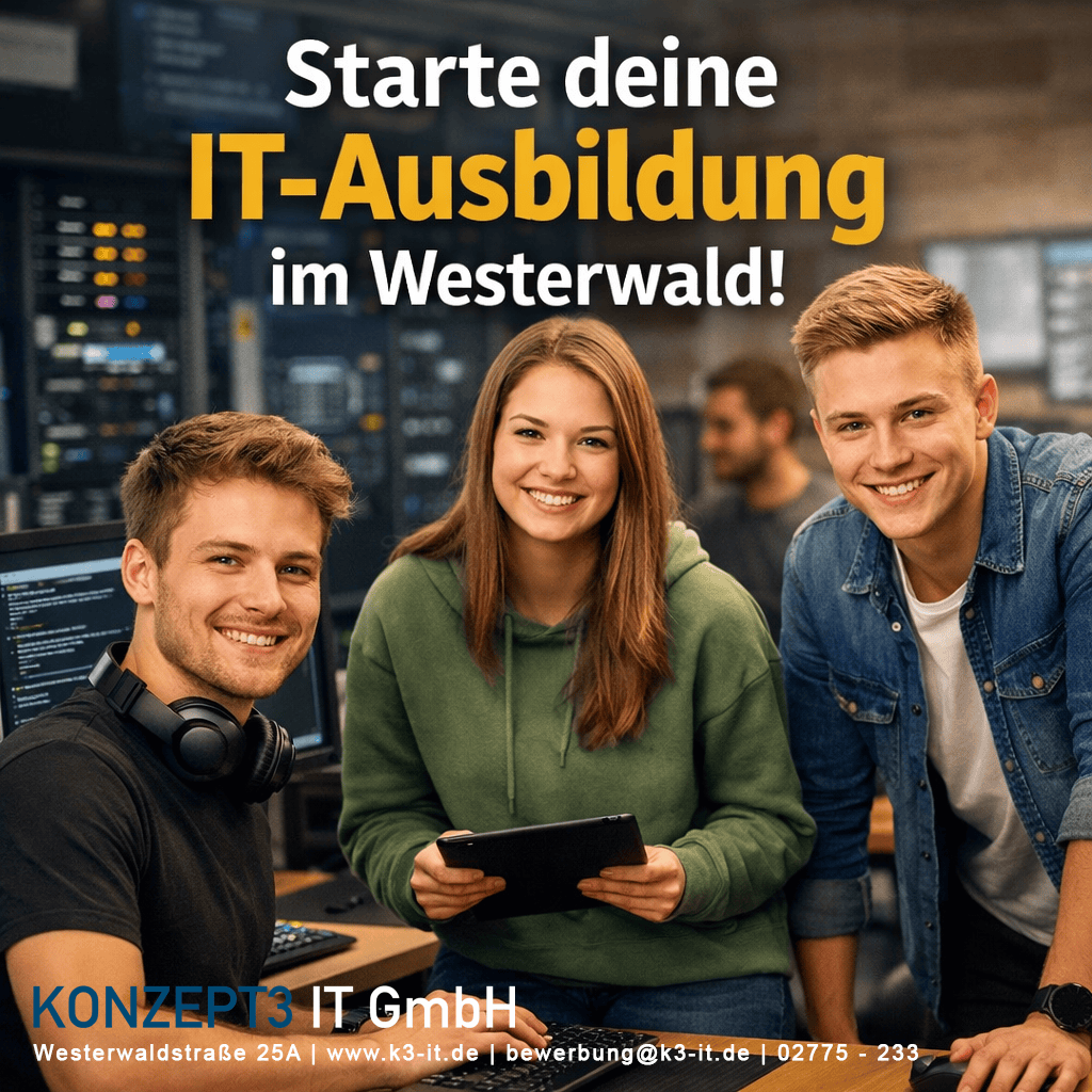 Drei junge Menschen in einem IT-Umfeld mit der Aufforderung: Starte Deine IT-Ausbildung im Westerwald