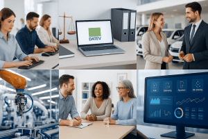 Visualisierung branchenspezifischer IT-Lösungen für Steuerbüros und Kanzleien, Autohäuser, Industrieunternehmen und gemeinnützige Organisationen mit Branchensoftware, Digitalisierung und Industrie-4.0-Konzepten, die wir als IT-Systemhaus anbieten.