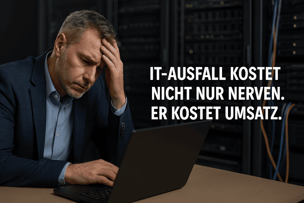 Ein Mann stützt sich erschöpft den Kopf: IT-Ausfall kostet nicht nur Zeit - er kostet Umsatz