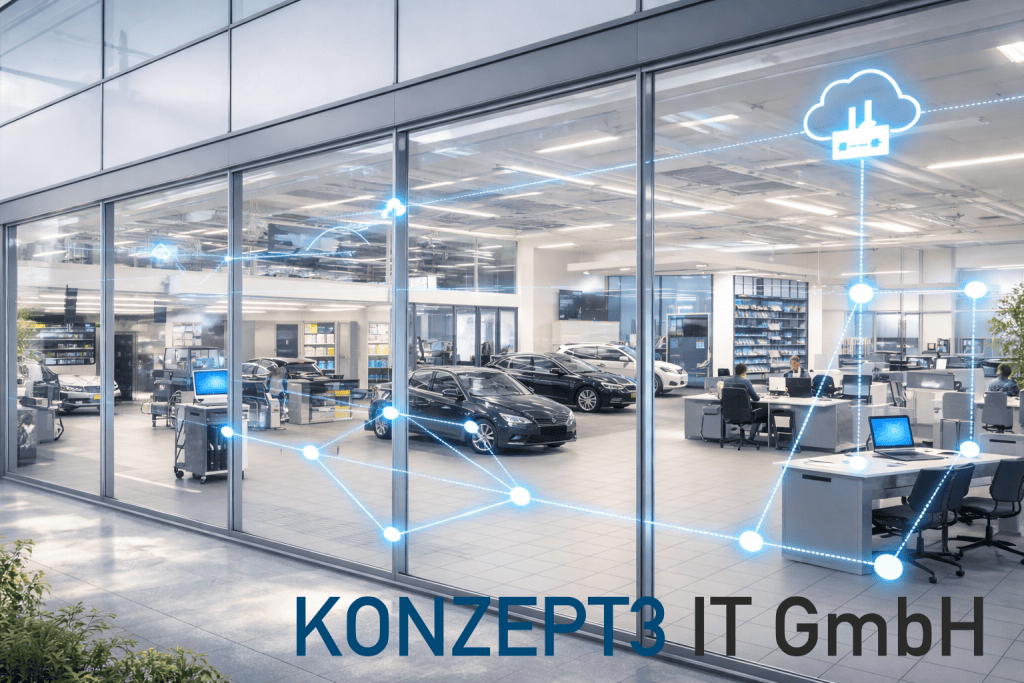 Ein Autohaus mit virtuellen Linien, die zeigen, wie die IT vernetzt ist.