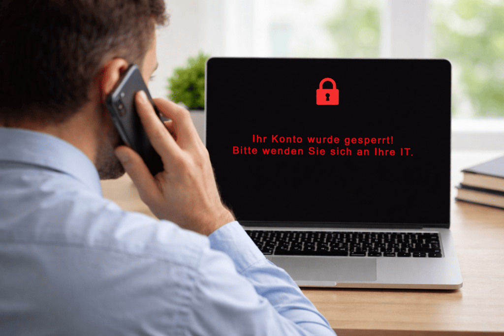 Eine Person sitzt vor seinem Laptop mit der Fehlermeldung "Ihr Konto ist gesperrt".