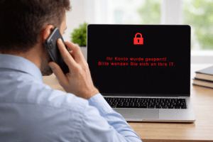 Eine Person sitzt vor seinem Laptop mit der Fehlermeldung "Ihr Konto ist gesperrt".