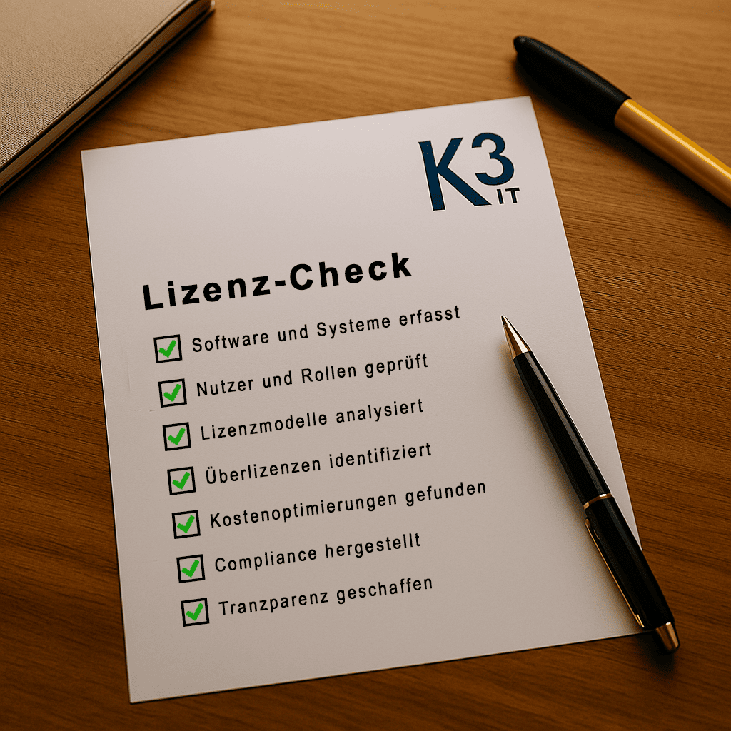 Eine Checkliste zum Thema Lizenzen liegt auf einem Schreibtisch.