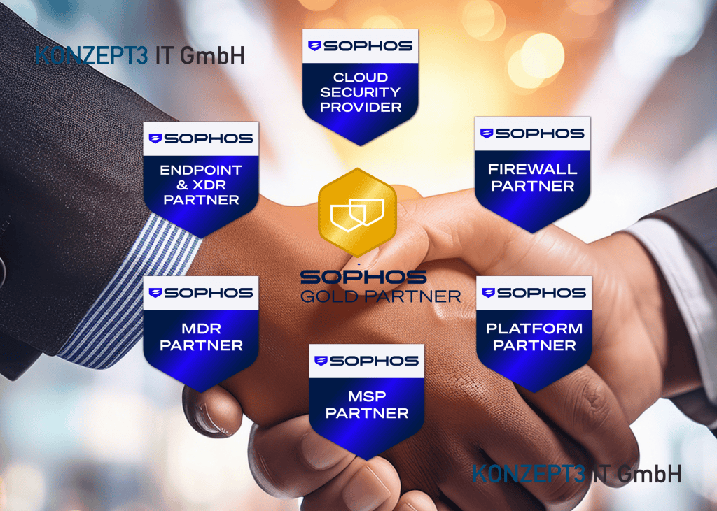 Verschiedene Sophos Auszeichnungen umkreisen das Sophos Gold Partner Logo.