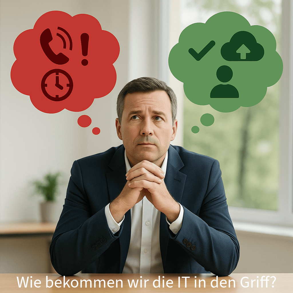 Eine Person überlegt, wie er die IT besser in den Griff bekommt. Über ihm zwei Gedankenblasen - einmal in rot der schlechte Ist-Zustand und einmal in grün der Wunsch-Zustand.