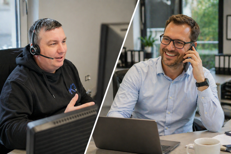 Ein zweigeteiltes Bild. Links unser System Engineer am Telefon mit erklärender geste, rechts im Bild ein Kunde, der sich über die persönliche Betreuung freut.