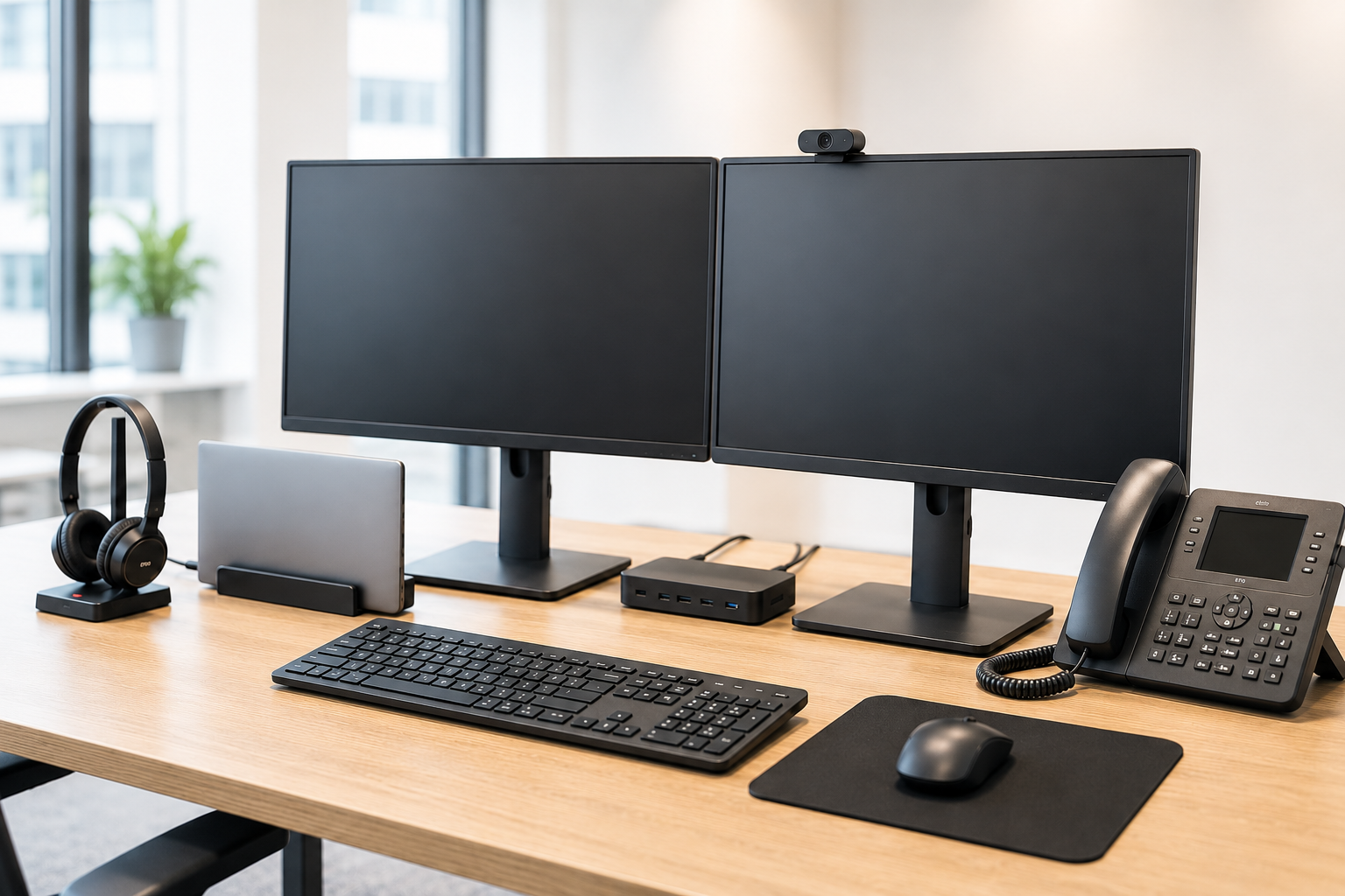 Ein Beispiel für eine moderne Arbeitsplatzausstattung für eines modernen Büroarbeitsplatzen, mit 2 Monitoren, Telefon, Headset, Maus, Tastatur, Dockingstation und Laptop