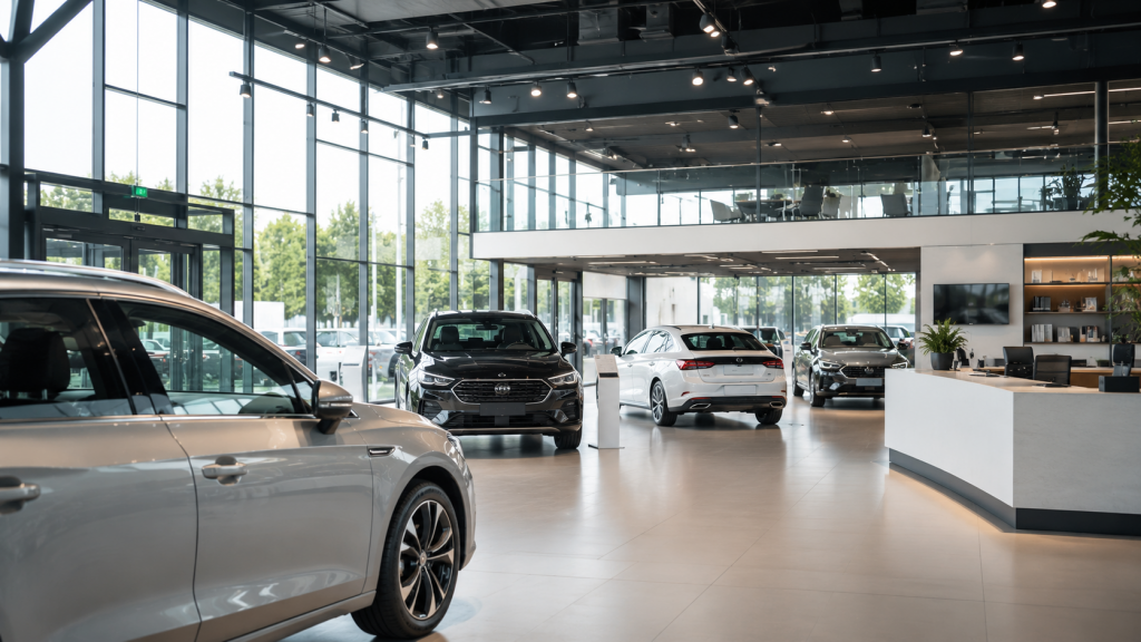 Das Bild zeigt ein modernes Autohaus und steht beispielhaft für IT-Branchenlösungen mit Verständnis für Autohäuser und Herstellerpartner mit herstellerspezifischen Anforderungen.