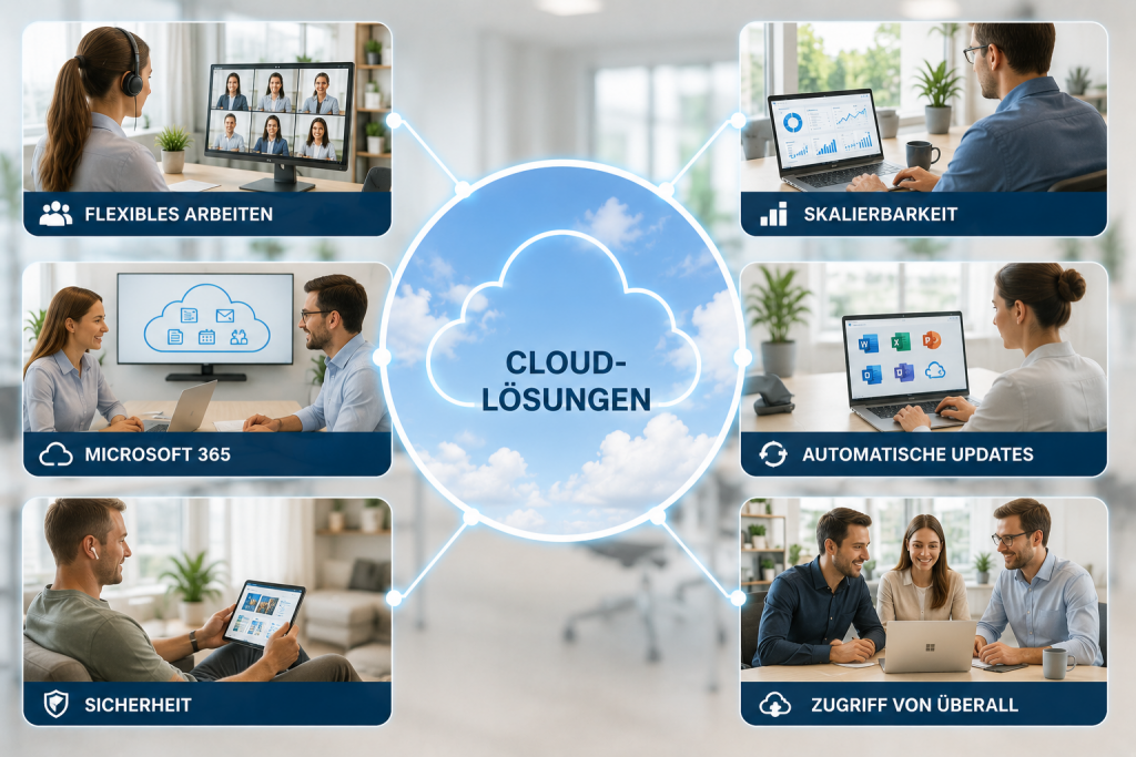 Grafik zur Veranschaulichung von Cloud-Lösungen mit Microsoft 365, flexiblem Arbeiten, Skalierbarkeit, automatischen Updates, sicherem Zugriff und IT-Sicherheit.