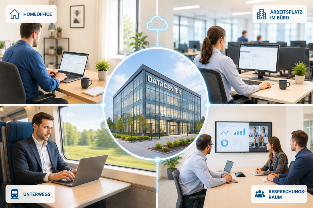 KONZEPT3 IT GmbH. Visualisierung einer modernen Data Center- und Cloud-Lösung für Unternehmen mit sicher vernetzten Arbeitsplätzen im Büro, Homeoffice, unterwegs und im Besprechungsraum.
