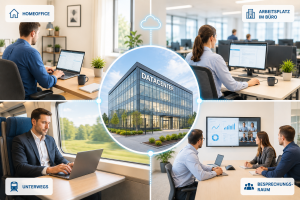 KONZEPT3 IT GmbH. Visualisierung einer modernen Data Center- und Cloud-Lösung für Unternehmen mit sicher vernetzten Arbeitsplätzen im Büro, Homeoffice, unterwegs und im Besprechungsraum.