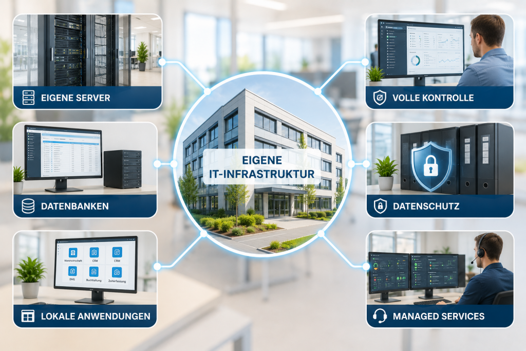 Grafik einer eigenen IT-Infrastruktur mit Servern, Datenbanken, lokalen Anwendungen, Datenschutz, Managed Services und vollständiger Kontrolle über Unternehmensdaten.