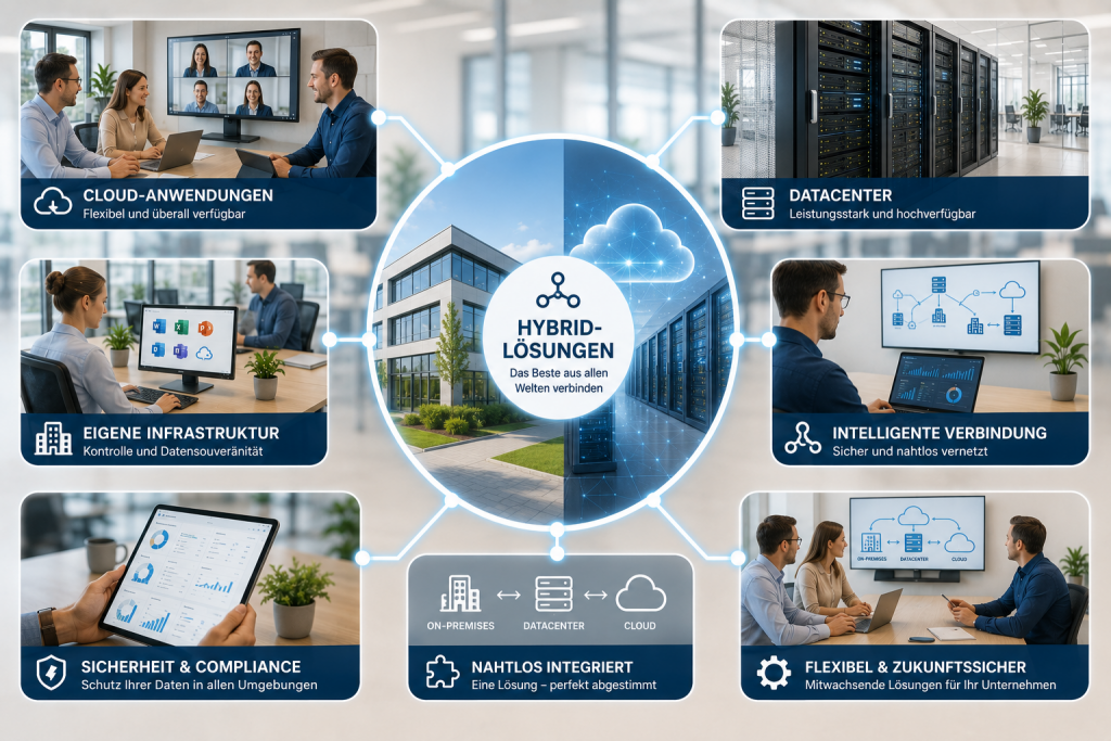 Grafik zur Darstellung einer Hybrid-IT-Lösung, die eigene IT-Infrastruktur, Datacenter und Cloud-Dienste zu einer sicheren und nahtlos integrierten Unternehmens-IT verbindet.