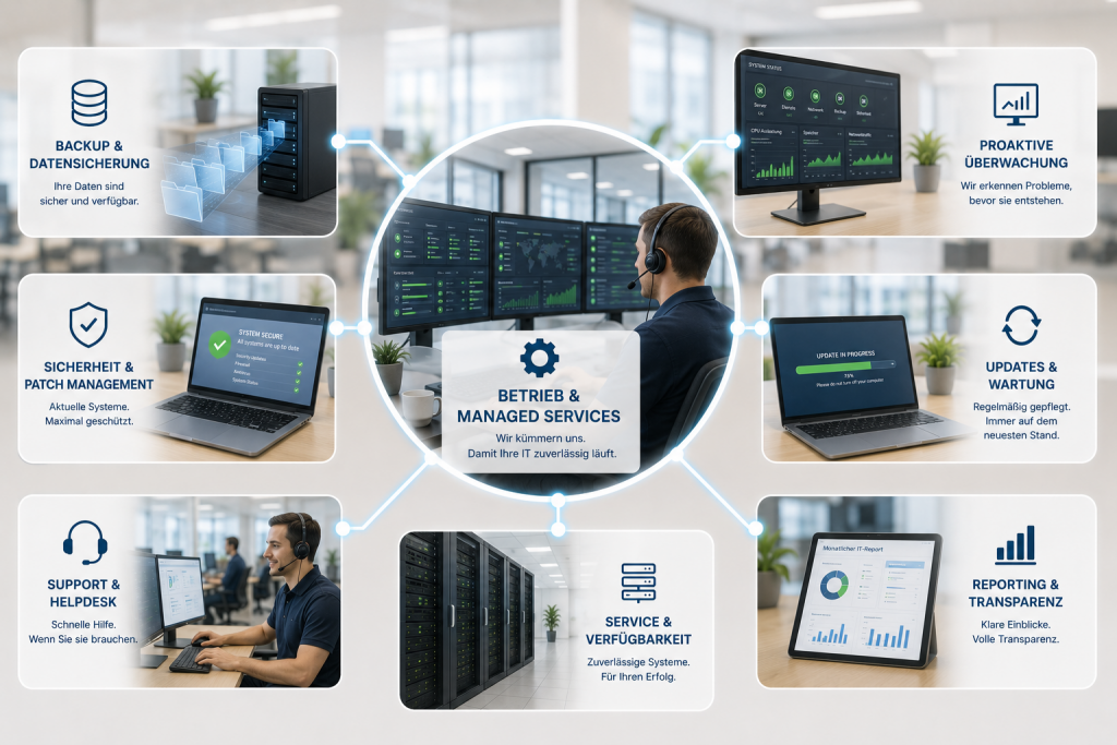 Visualisierung von Managed Services für Netzwerke mit proaktiver Überwachung, Backup, Patch-Management, Wartung, Support, Reporting und hoher Verfügbarkeit.