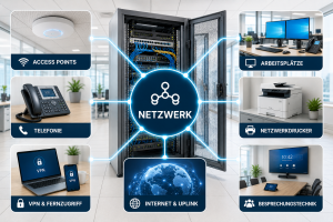 Visualisierung der Netzwerkinfrastruktur von KONZEPT3 IT mit zentralem Serverschrank, Access Points, Arbeitsplatzanbindung, VPN-Fernzugriff, Besprechungstechnik und Internet-Uplink.