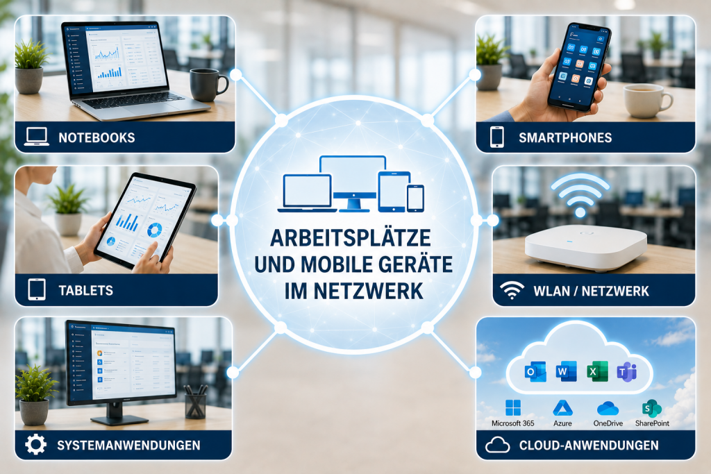 Grafik zur Darstellung von Arbeitsplätzen und mobilen Geräten im Unternehmensnetzwerk mit Notebooks, Tablets, Smartphones, WLAN sowie Cloud- und Systemanwendungen.
