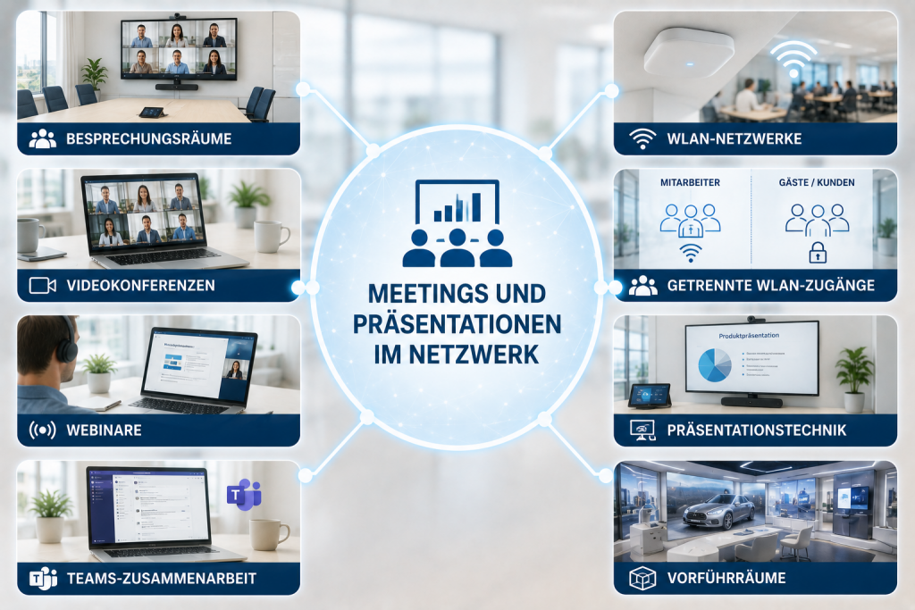 Darstellung von Netzwerklösungen für Besprechungsräume, Präsentationstechnik, Videokonferenzen sowie getrennte WLAN-Netzwerke für Mitarbeitende und Gäste.