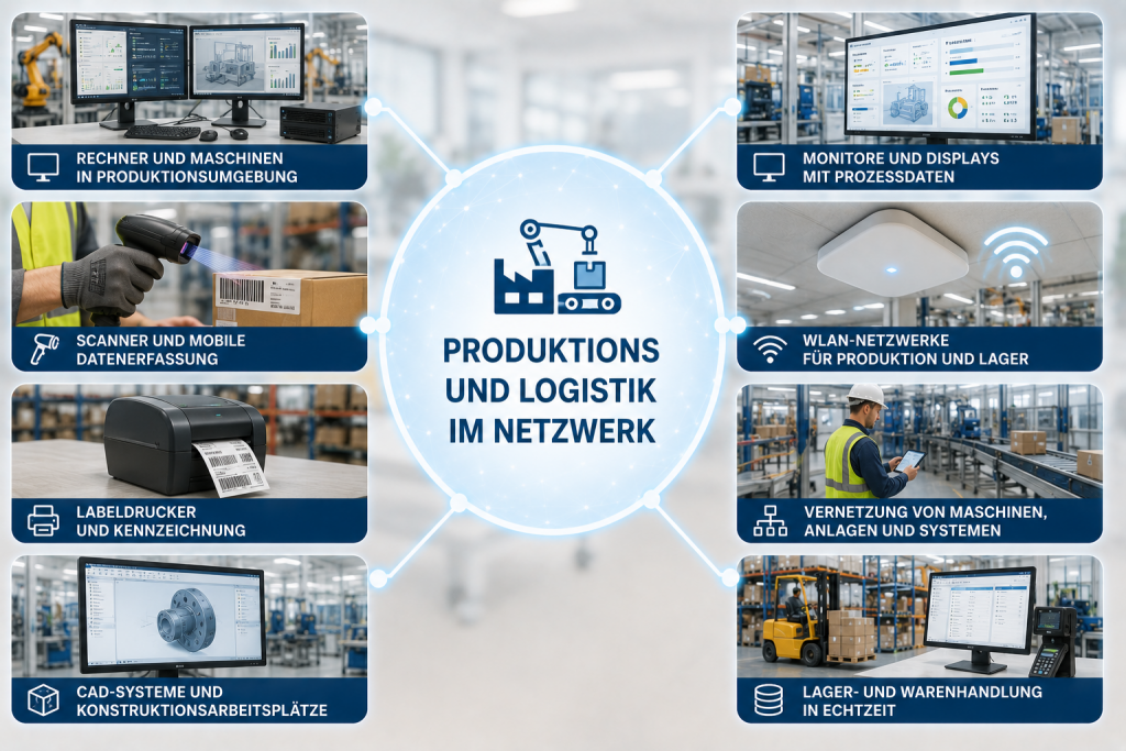 Infografik zur Vernetzung von Produktions- und Logistikbereichen mit Maschinen, Industriearbeitsplätzen, WLAN, Lagerverwaltung und mobilen Datenerfassungsgeräten.
