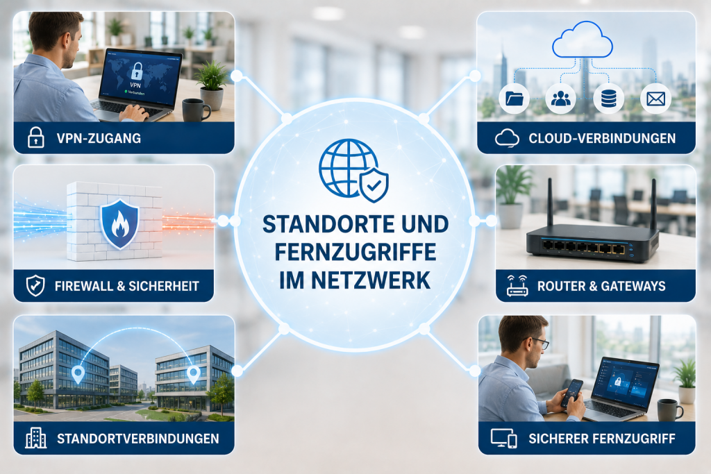 Visualisierung sicherer Standortverbindungen und Fernzugriffe im Unternehmensnetzwerk mit VPN, Firewall, Cloud-Verbindungen, Routern und geschütztem Zugriff auf Unternehmensressourcen.