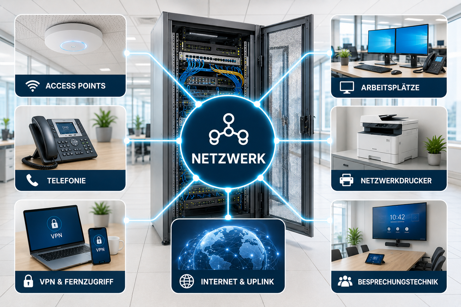 Visualisierung der Netzwerkinfrastruktur von KONZEPT3 IT mit zentralem Serverschrank, Access Points, Arbeitsplatzanbindung, VPN-Fernzugriff, Besprechungstechnik und Internet-Uplink.