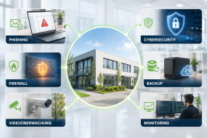Visualisierung einer modernen IT-Sicherheitsinfrastruktur mit Cybersecurity, Firewall, Phishing-Schutz, Backup, Videoüberwachung und zentralem Monitoring für Unternehmensnetzwerke.