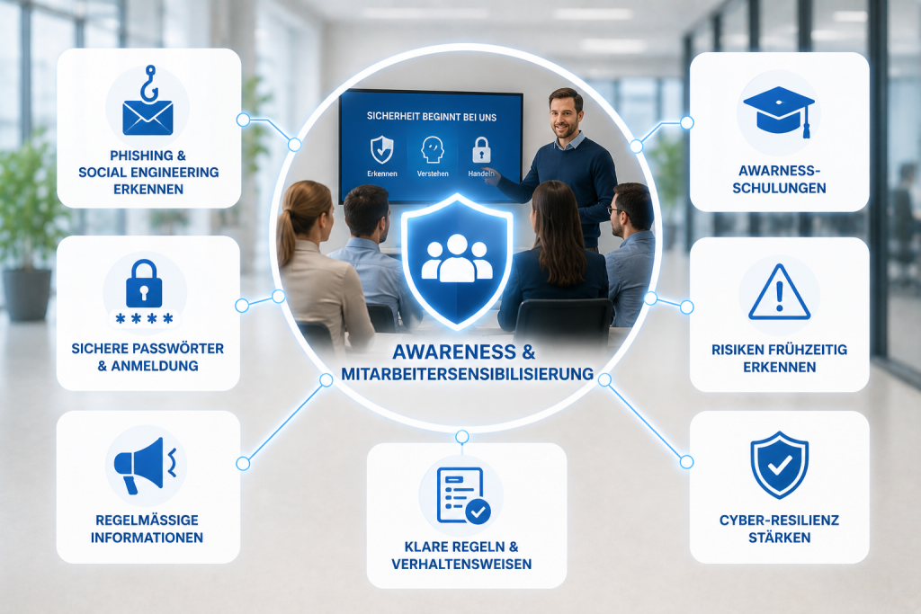 Das Schaubild zeigt die wichtigsten Maßnahmen zur Awareness und Mitarbeitersensibilisierung mit Schulungen, Phishing-Erkennung, sicheren Passwörtern, klaren Verhaltensregeln und der frühzeitigen Erkennung von Sicherheitsrisiken.