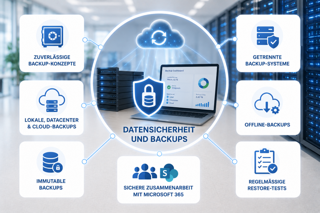 Infografik zu Datensicherheits- und Backup-Lösungen mit lokalen, Datacenter- und Cloud-Backups, getrennten Backup-Systemen, Offline-Backups sowie regelmäßigen Wiederherstellungstests.