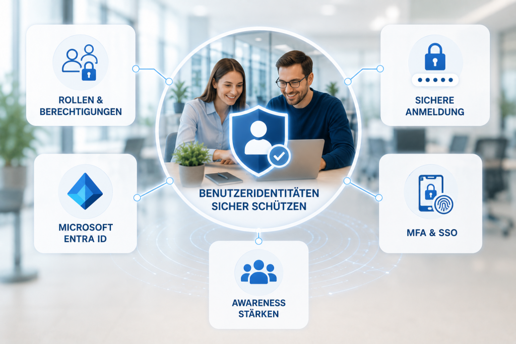 Darstellung moderner Sicherheitskonzepte zum Schutz von Benutzeridentitäten mit Microsoft Entra ID, Rollen- und Berechtigungsverwaltung, Multi-Faktor-Authentifizierung, Single Sign-on und sicheren Anmeldungen.