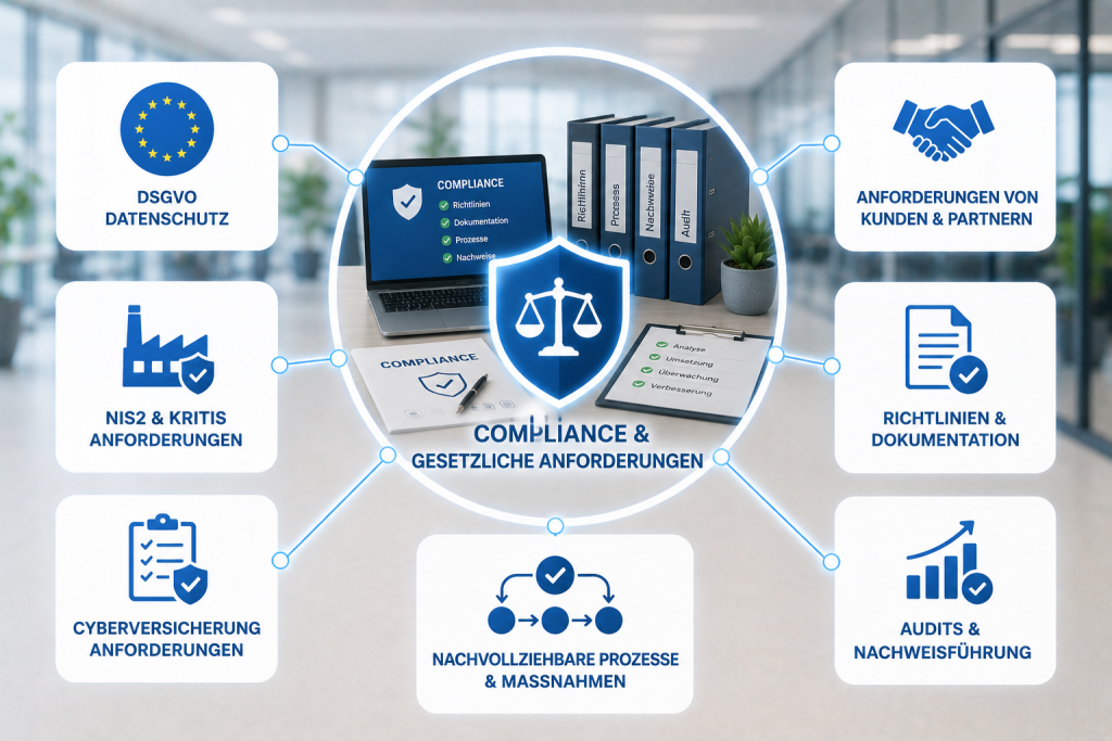 Das Bild veranschaulicht die wichtigsten Bausteine für Compliance und gesetzliche Anforderungen – von DSGVO und NIS2 über Richtlinien und Dokumentation bis hin zu Audits und nachvollziehbaren Prozessen.
