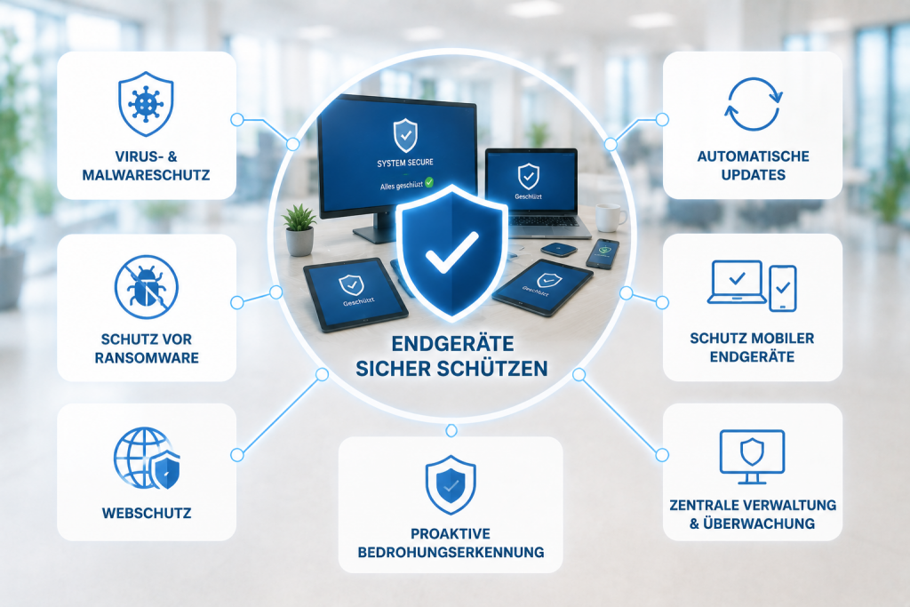 Visualisierung moderner Sicherheitslösungen zum Schutz von Endgeräten mit Viren- und Malwareschutz, Ransomware-Schutz, automatischen Updates, zentraler Verwaltung und proaktiver Bedrohungserkennung.