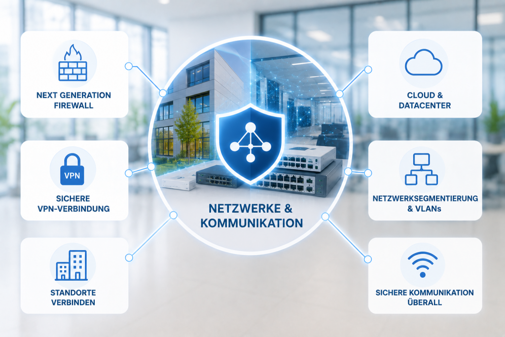 Darstellung von Sicherheitslösungen für Netzwerke und Kommunikation mit Next Generation Firewall, VPN-Verbindungen, Netzwerksegmentierung, Cloud- und Datacenter-Anbindungen sowie der sicheren Vernetzung von Standorten.