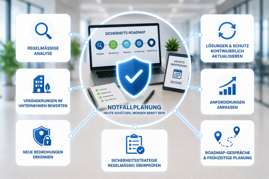 Im Mittelpunkt dieser Abbildung stehen Sicherheitsstrategie und Notfallplanung mit regelmäßigen Überprüfungen, Roadmap-Gesprächen, Risikoanalysen und der kontinuierlichen Weiterentwicklung von Schutzmaßnahmen.