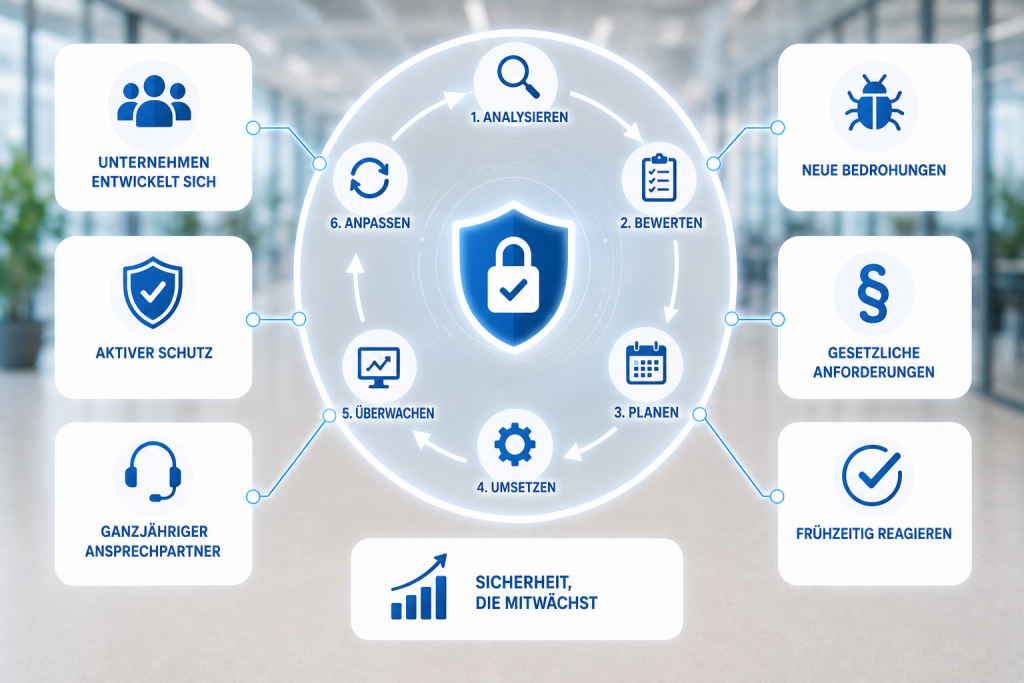 Das Schaubild verdeutlicht, dass IT-Sicherheit ein kontinuierlicher Prozess ist – von der Analyse und Bewertung über Planung und Umsetzung bis zur laufenden Überprüfung und Anpassung an neue Anforderungen und Bedrohungen.