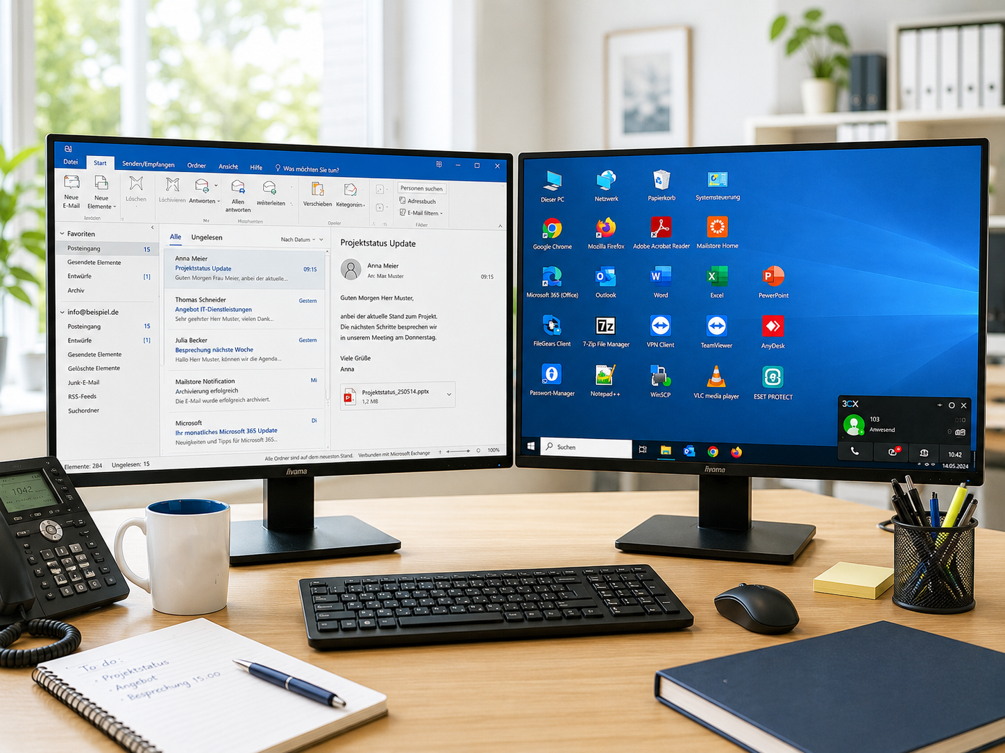 Visualisierung eines modernen IT-Arbeitsplatzes mit Microsoft 365, Unternehmenssoftware, Betriebssystemen und professionellem Lizenzmanagement für Unternehmen.