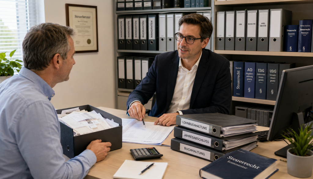 Persönliches Beratungsgespräch in einem Steuerbüro. Das Bild steht für IT-Beratung mit Branchenverständnis und passgenauen Lösungen für Steuerkanzleien.