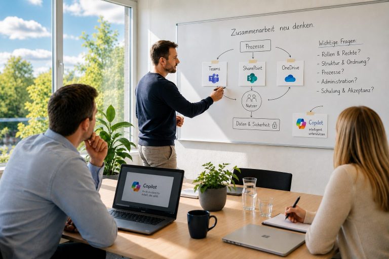 Am hiteboard wird erklärt warum Cloud-Lösungen mit Microsoft 365 die Zusammenarbeit verbessern können.