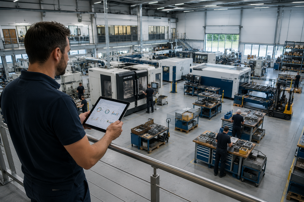 ein Mitarbeiter mit Tablet steht an einem Geländer und blickt von oben auf eine Produktion. Das Bild veranschulicht die Verbindung von smarter Technik mit Produktionsanlagen und Arbeitsplätzen.