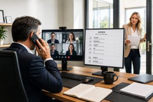 Das Bild zeigt einen Geschäftsführer, der telefoniert, gleichzeitig in einem Online-Meeting ist und parallel Fragen seiner Assistentin beantworten soll.