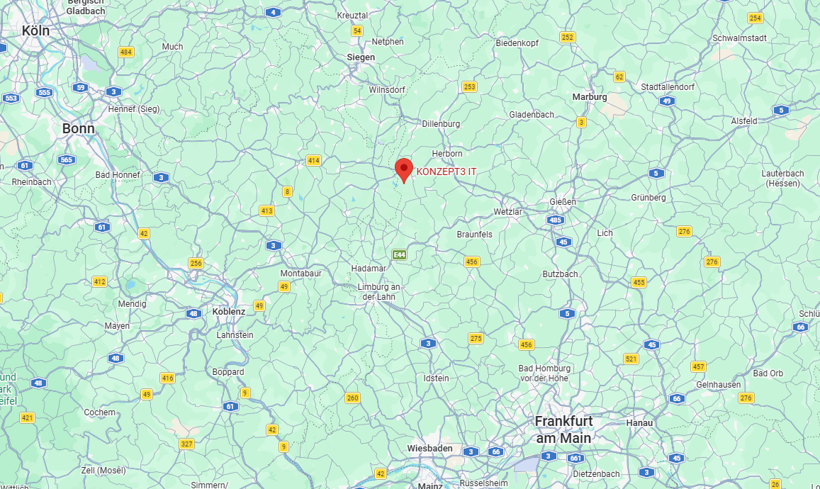 Ausschnitt aus Google-Maps mit dem Standort von Konzept3 IT in Driedorf-Mademühlen. Der Kartenausschnitt ist so gewählt, dass die Lage zwischen Köln und Frankfurt sichtbar ist.
