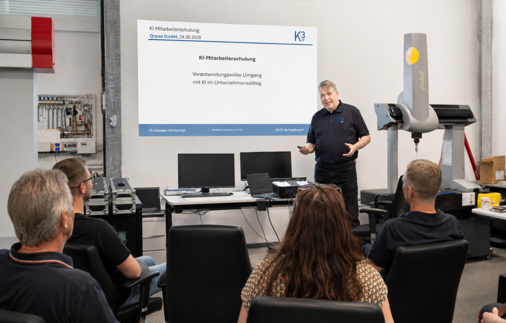 KI-Mitarbeiterschulung von KONZEPT3 IT zum verantwortungsvollen Einsatz von Künstlicher Intelligenz gemäß AI EU Acts mit Fokus auf KI-Kompetenz im Unternehmen.
