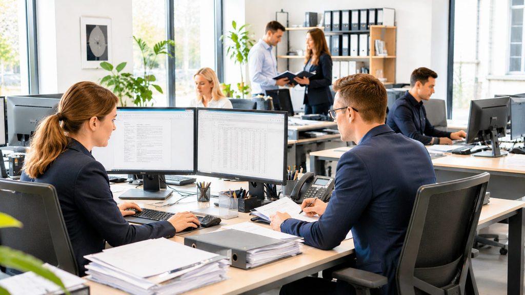 Die Abbildung veranschaulicht den Arbeitsalltag einer Rechtsanwaltskanzlei und unterstreicht die Bedeutung von IT-Lösungen mit Verständnis für kanzleispezifische Prozesse.
