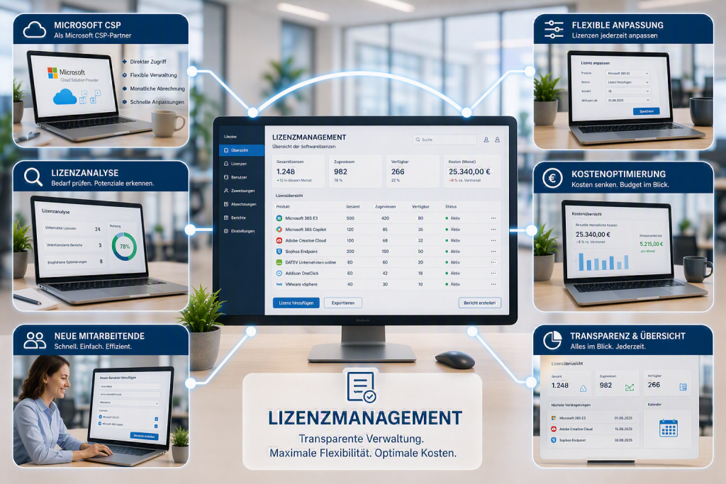 Software und Lizenzen zusammen betrachtet. Im Mittelpunkt steht ein effizientes Lizenzmanagement mit transparenter Verwaltung, bedarfsgerechter Lizenzierung, flexiblen Anpassungen und optimierten Softwarekosten.