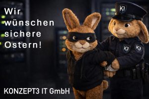 Ein krimineller Hase wird von einem Hasenpolizisten im Serverraum verhaftet - angelehnt an die Osterwünsche.