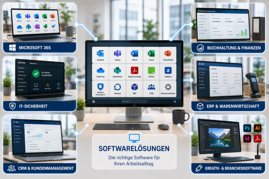 Das Übersichtsbild zeigt Softwarelösungen für den Unternehmensalltag – von Microsoft 365 und IT-Sicherheit über ERP- und CRM-Systeme bis hin zu Buchhaltung und Branchensoftware.
