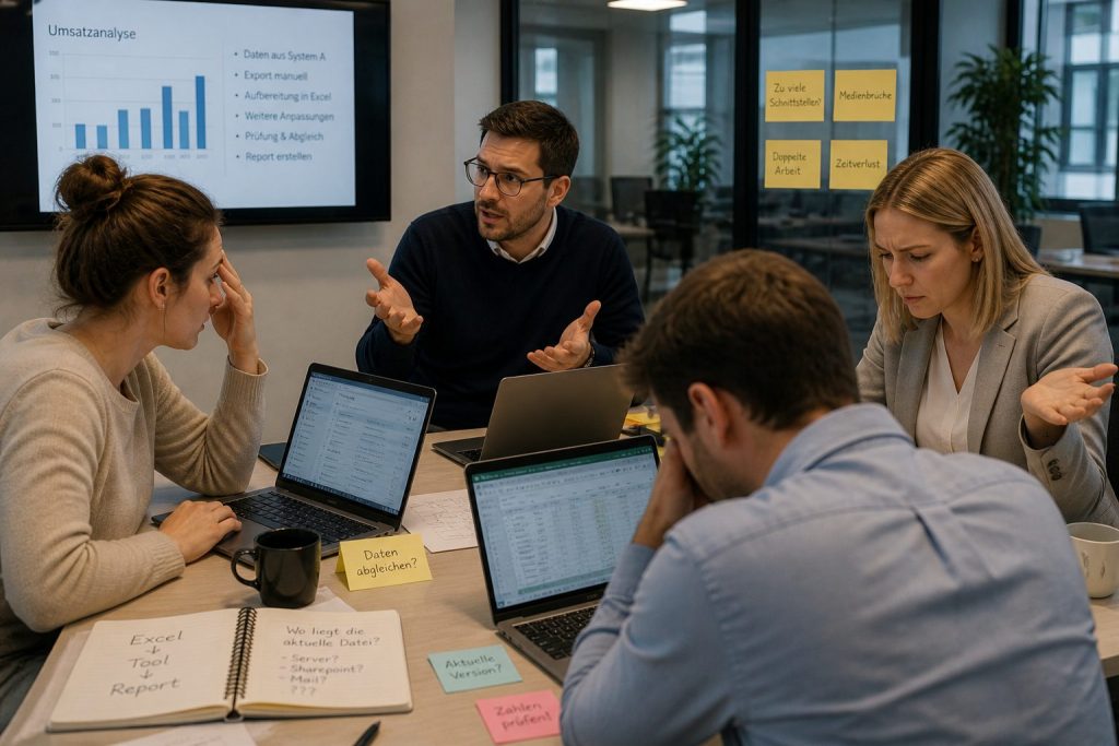 Mitarbeiter in einem Projekt, aber jeder nutzt unterschiedliche Tools und Programme