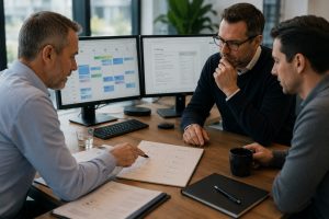 Drei Personen sitzen zusammen und besprechen ein Angebot