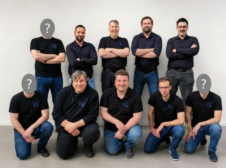 Das Bild zeigt das aktuelle Team von Konzept3 IT plus drei Personen mit verdecktem Gesicht, die den Zuwachs, der in diesem Jahr noch kommt, darzustellen