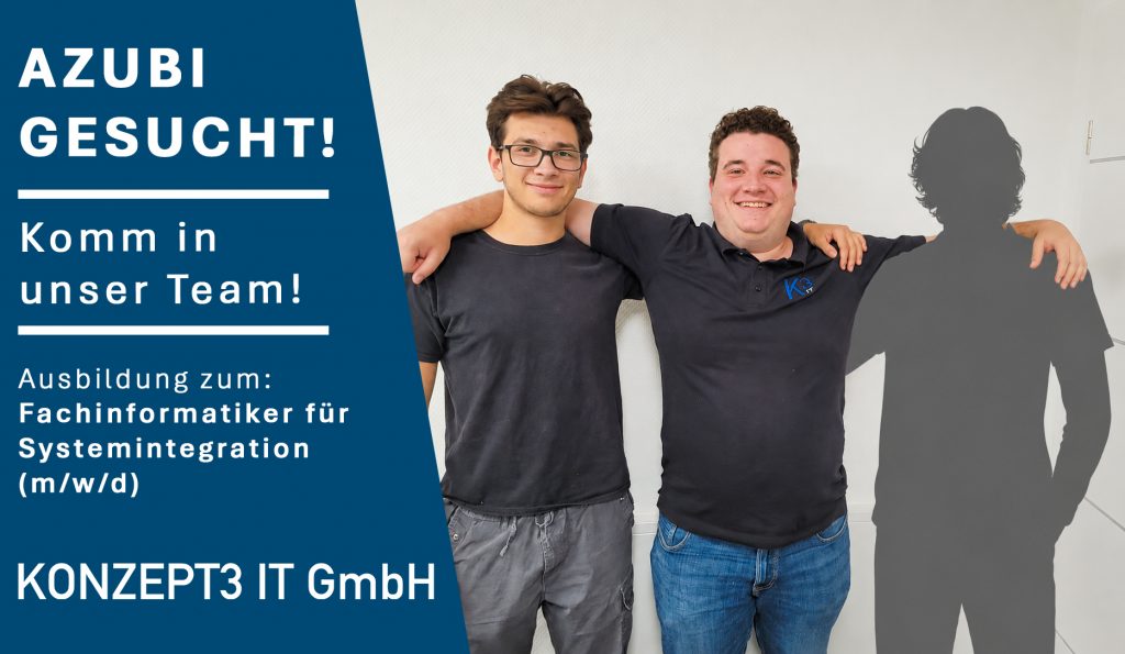 Azubi gesucht. Ein Bild von unseren Beiden Auszubildenden und einer Silhouette einer dritten Person, die symbolisiert, dass wir eine weitere Parson für unser Team suchen.