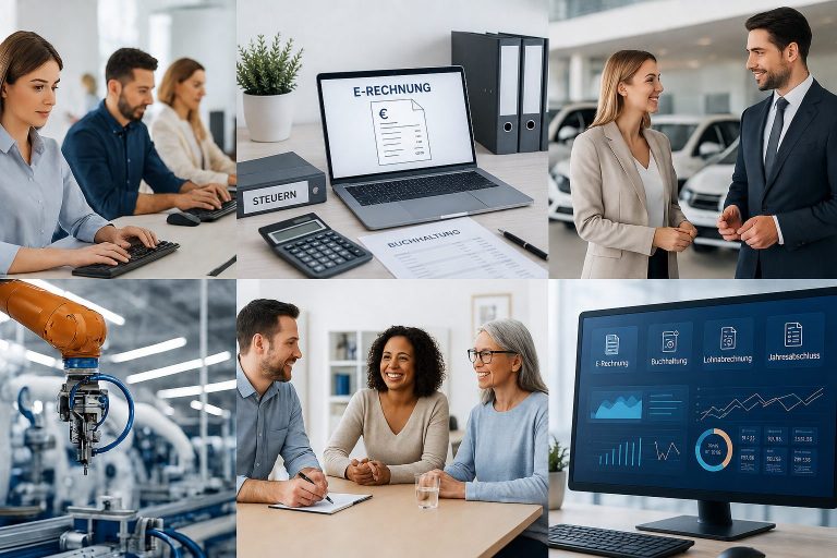 Visualisierung branchenspezifischer IT-Lösungen für Steuerbüros und Kanzleien, Autohäuser, Industrieunternehmen und gemeinnützige Organisationen mit Branchensoftware, Digitalisierung und Industrie-4.0-Konzepten, die wir als IT-Systemhaus anbieten.