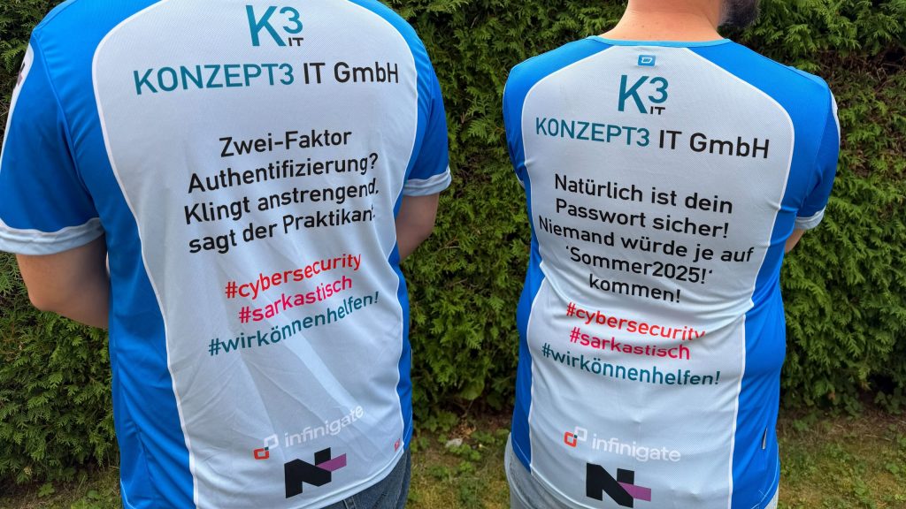 Konzept3 IT Trikots für den Firmenlauf tragen unterschiedliche Sprüche zum Thema Cybersecurity und waren schon im letzten Jahr Anlass für Lacher und gute Gespräche.